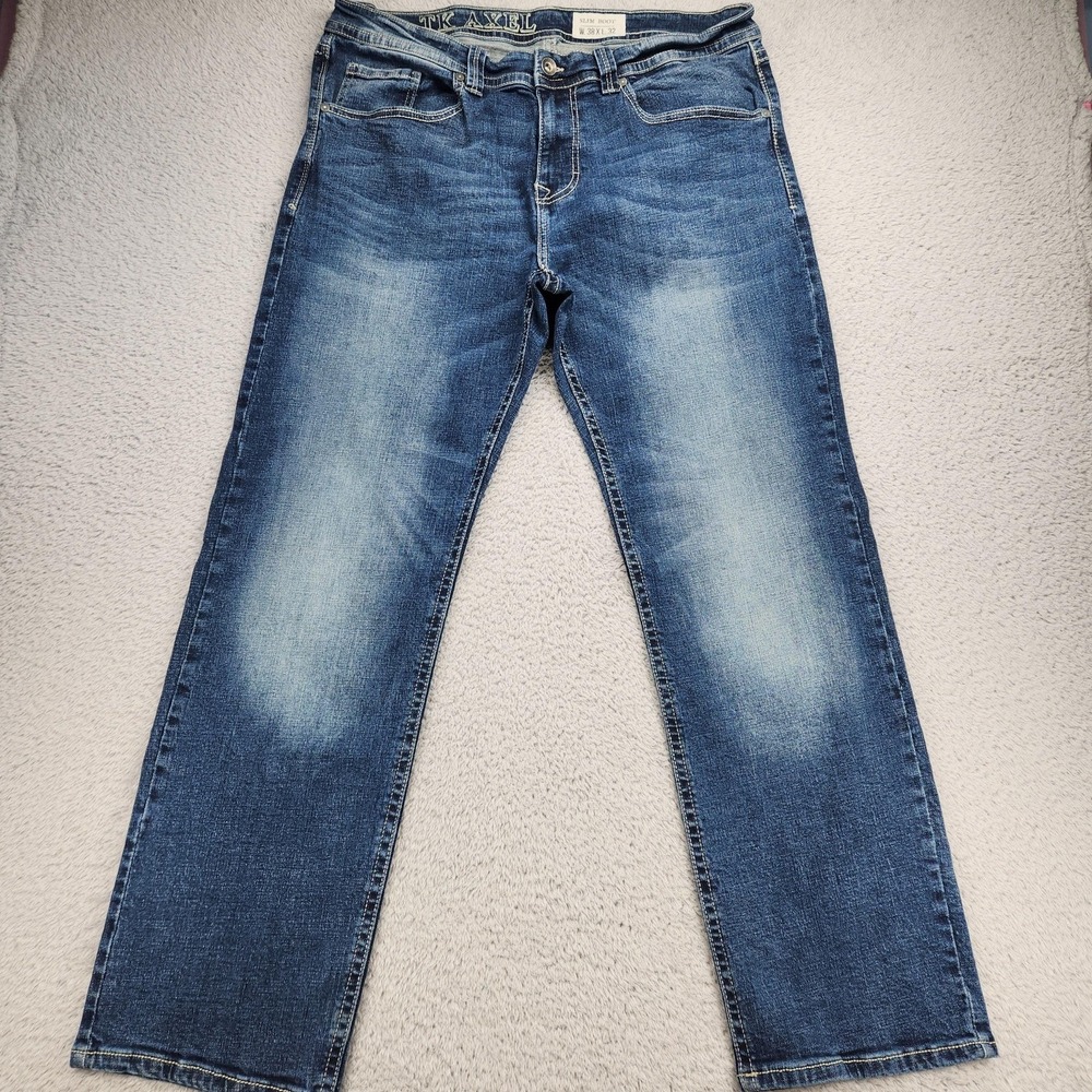 TK Axel Jeans Mens 38x32 Blue Slim Boot Stretch Denim Embroidered Pockets